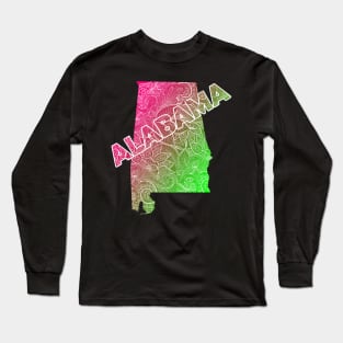 Colorful mandala art map of Alabama with text in pink and green Long Sleeve T-Shirt